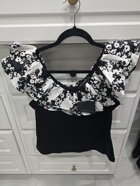 Black Floral Ruffle Neck Women’s Top - Marc New York